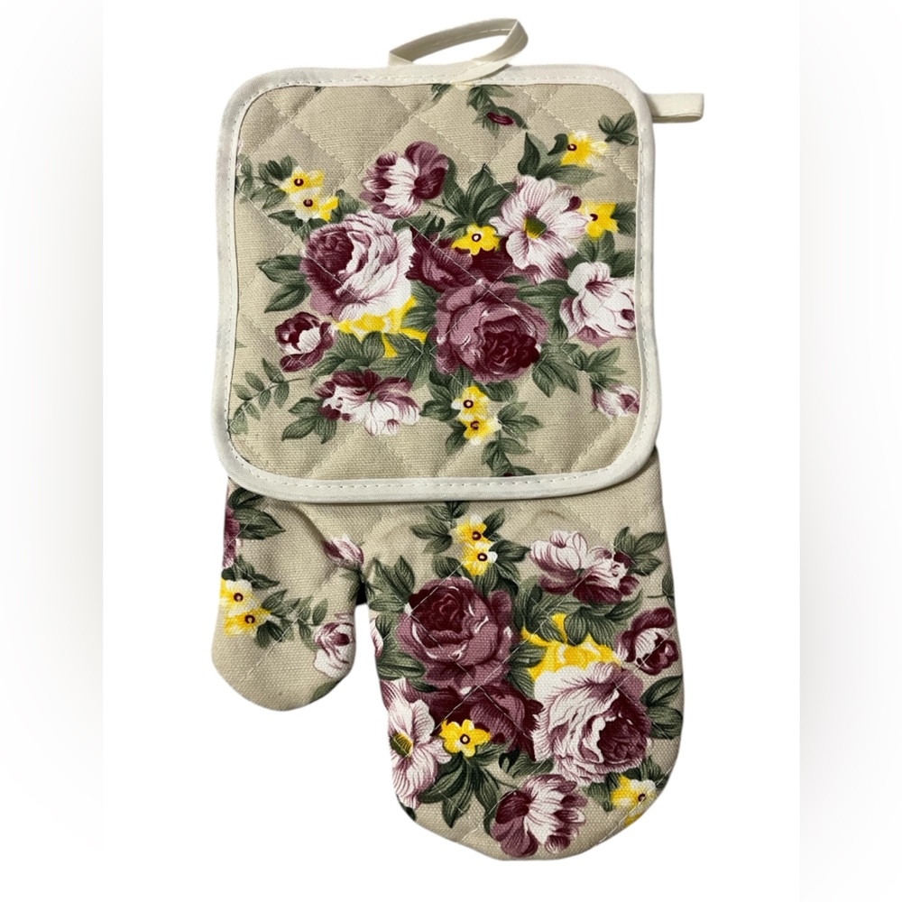 NWT 🥀 ROSE FLORAL POT HOLDER OVEN MIT SET